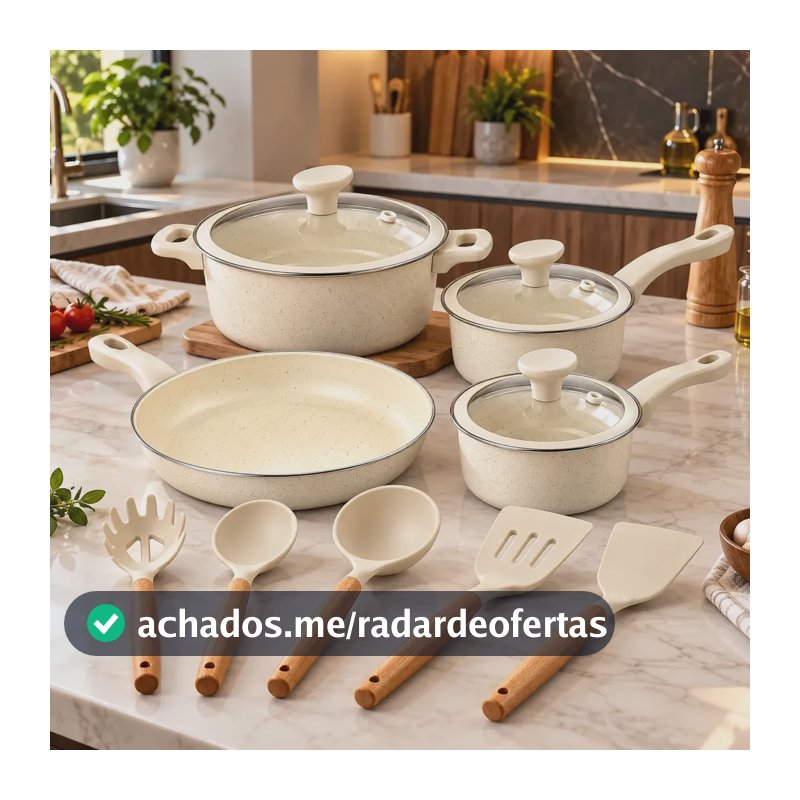 Jogo De Panelas Genebra Cerâmica 12 Pçs Antiaderente Indução Creme
