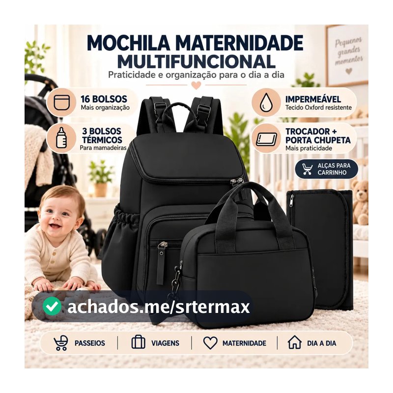 Mochila Maternidade NTESX Preta Impermeável com Trocador e Porta Mamadeira Térmico