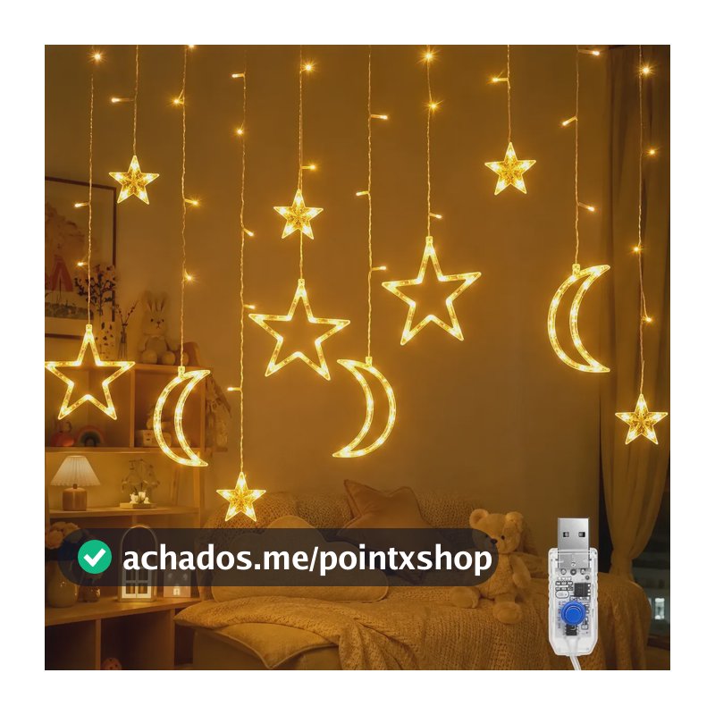 Pisca Pisca Cascata Led 5 Metros Estrela Lua Decoração Natal Branco Quente 127/220v