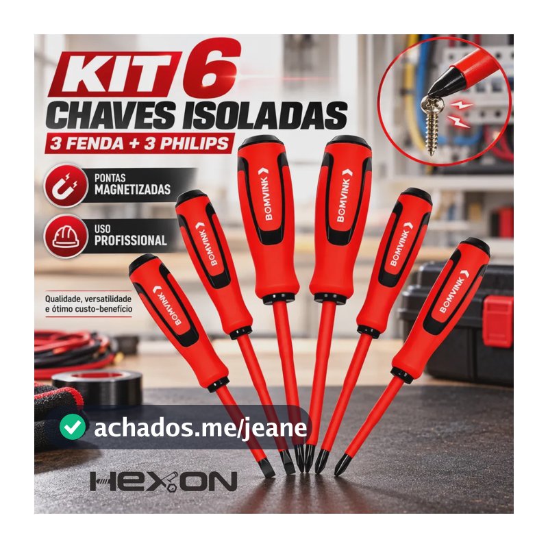 Kit jogo 6 chaves isoladas imantadas Fenda Philips ferramenta profissional eletricista tomada disjuntor emborrachada isolada anti eletricidade anti choque fenda e phillps estrela Hexon