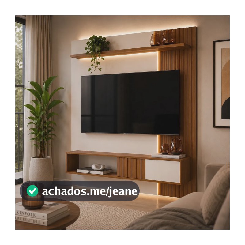 Painel Bancada Suspensa Dj Cosmos 1500 Para Tv Até 55 Ripado Porta Deslizante Design Sala Moderna Trio Casa Freijó/off White