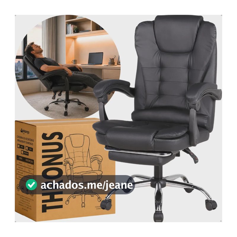 Cadeira Presidente Marqs Home Thronus Ergonômica, Couro Sintético Preta, Com Apoio Para Pés Retrátil e Rodízios