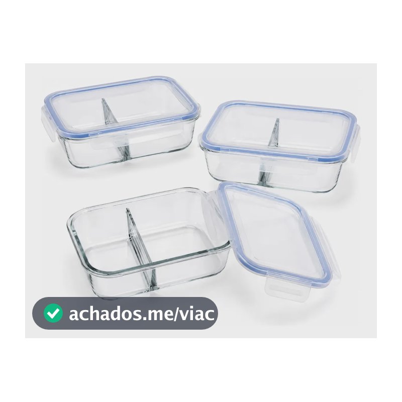 Conjunto 3 Potes Hermético Vidro C/ Divisória Marmita 640ml Transparente