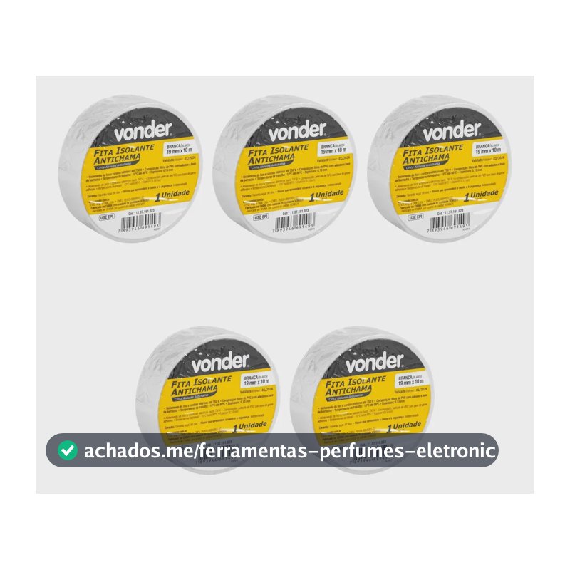 Kit 5 Fitas Isolantes, 19,0 Mm X 10 Metros Brancas - Vonder Branco Lisa