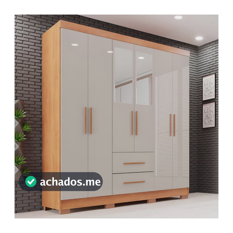 Guarda-roupa Casal com Espelho 6 Portas 2 Gavetas Sallêto Cinamomo/Off White