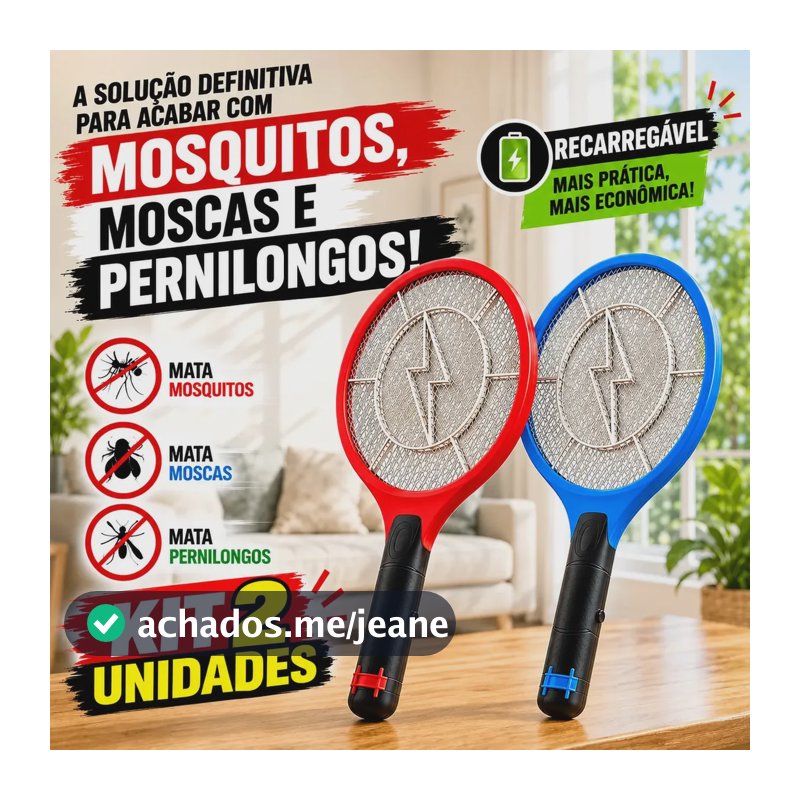 Kit 2 Raquetes Elétrica Mata Mosquito Mosca Pernilongo Dengue Insetos Bateria Recarregavel Bivolt