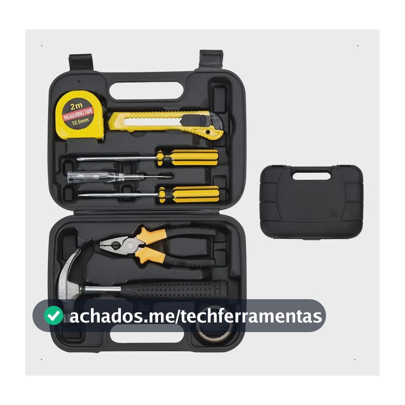 Kit Maleta Ferramenta 8 Peças Phillips Fenda Alicate Martelo Preto