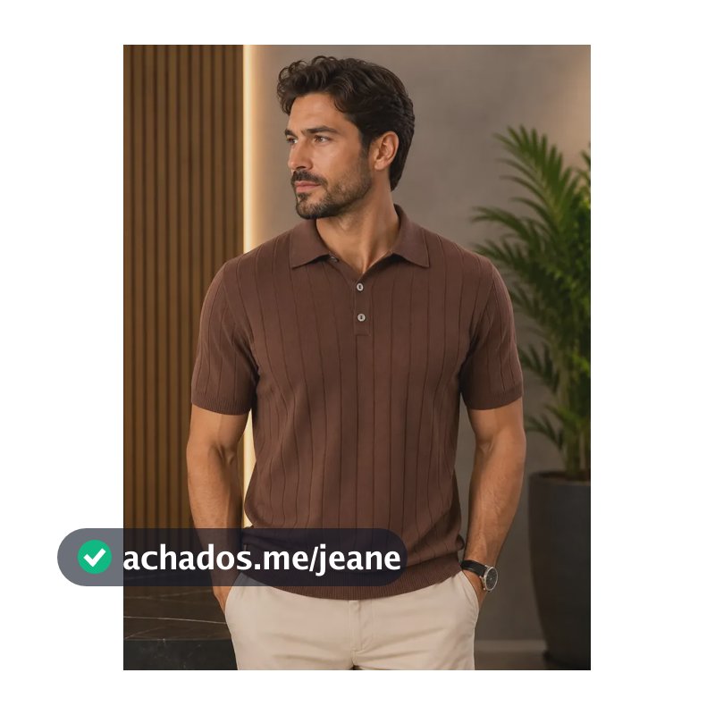 Camiseta Polo Masculina Básica Canelada Manga Curta Tricot Cafe G
