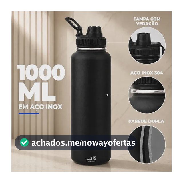 1000ml Garrafa Térmica Isolada A Vácuo Squeeze Aço Inox 304 para Água Gelada Esporte Academia com Alça e Bico Preto Sólar