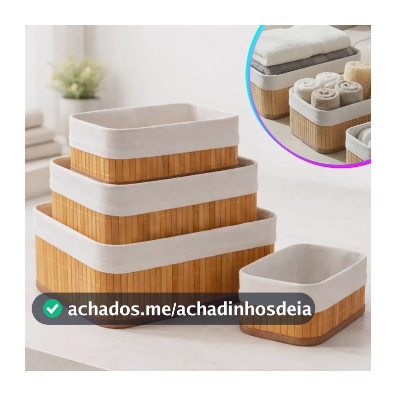 Kit 3 Cestos Bambu Organizador Com Forro Lavável Multiuso Retangular Jogo Vime Sólar Armazenador Guarda Roupa Gaveta Mesas Banheiro
