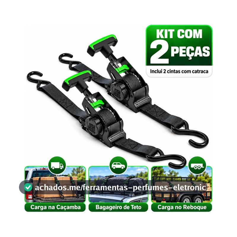 Kit 2 Catracas Retratil Automática Cinta 3.3 Metros Capacidade de Carga 680KG Gancho S Para Amarração Fretes Carretinhas Carreto Moto Jestksy Preto e Verde