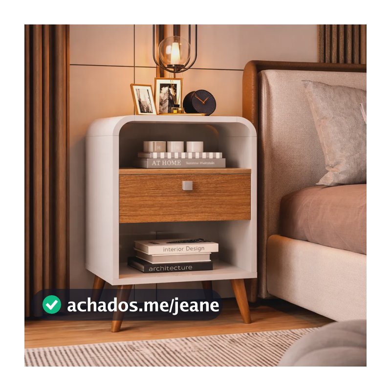Mesa De Cabeceira Curvada Com Gaveta - Offwhite Com Nature Brilhante Naturale/off White