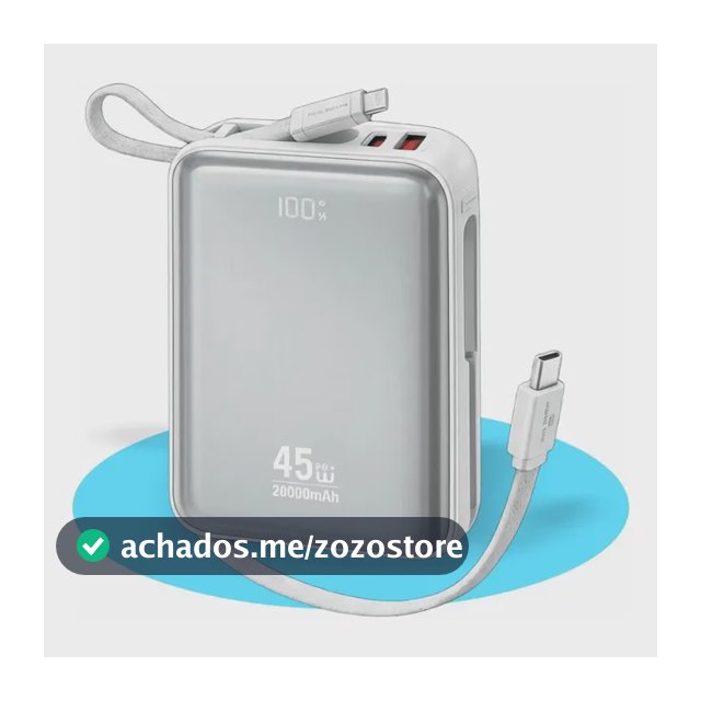 Power Bank Portátil Turbo 45W 20000mAh com Cabo para iPhone e Samsung