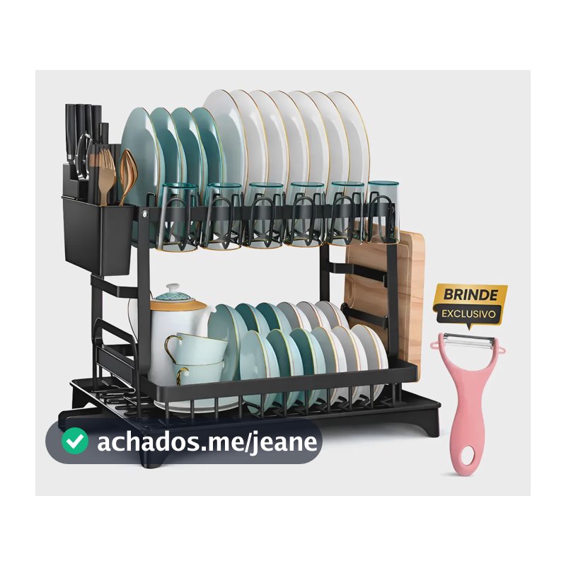 Organizador Escorredor 2 Andares Inox Preto Prato Copo Luxo Preto