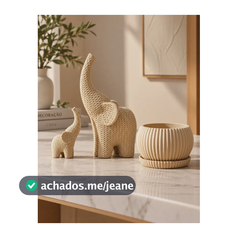 Kit Vaso Canelado Com Drenagem E 2 Elefantes Tricô Decoração Bege
