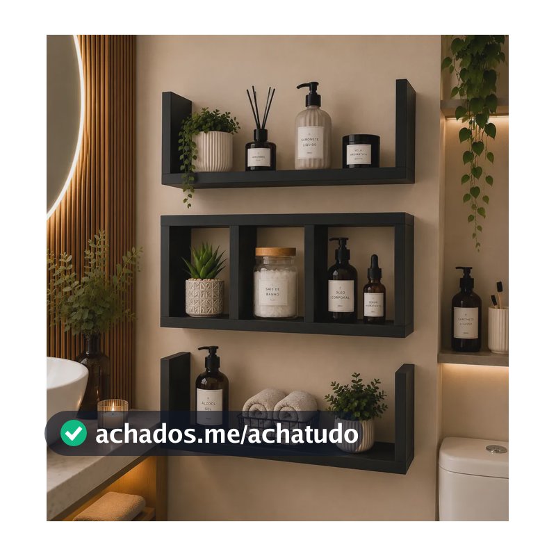 Nicho Para Banheiro Mdf Kit 3 Peças Organizador Parede Preto