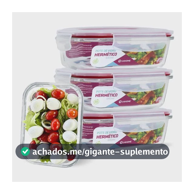 Jogo 4 Potes Vidro Hermético Retangular 640ml Marmita Forno