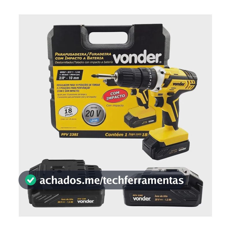 Parafusadeira Furadeira Bateria Vonder Impacto 20v 2 Bateria Amarelo 127/220v
