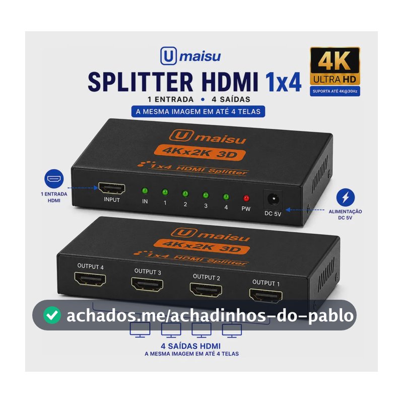 Splitter Distribuidor Divisor Hdmi 4k 1x4 3840p Repetidor De Sinal Para Telas Monitores E Projetores - U Maisu