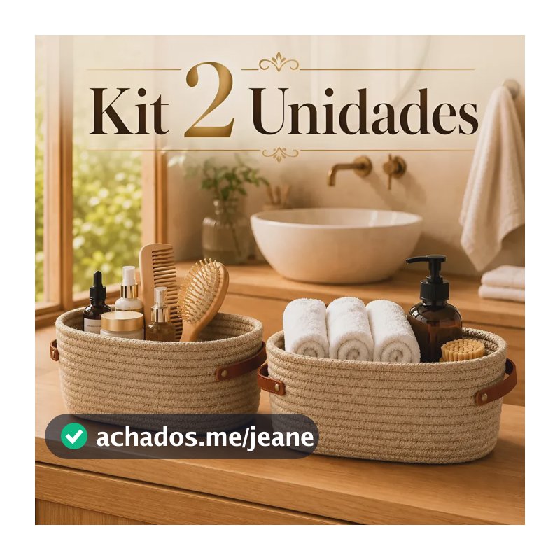 Kit 2 Cesto Organizador Banheiro Algodão Alça Couro Multiuso Bege