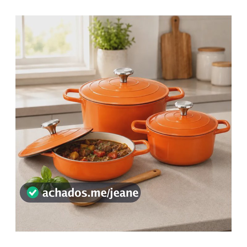 Jogo 3 Panelas Cerâmica Caçarola Antiaderente Aluminio Indução Tampa Laranja