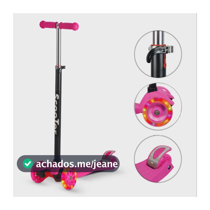 Patinete Infantil Rosa 4 Rodas Luz LED Reforçado Altura Ajustável 70kg Desmontável Menina