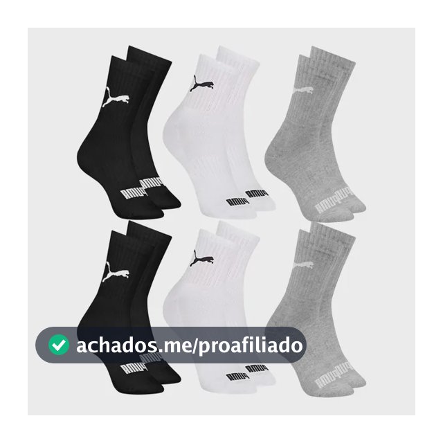 6 Pares Meias Puma Cano Médio Alto Atoalhada Academia Sport