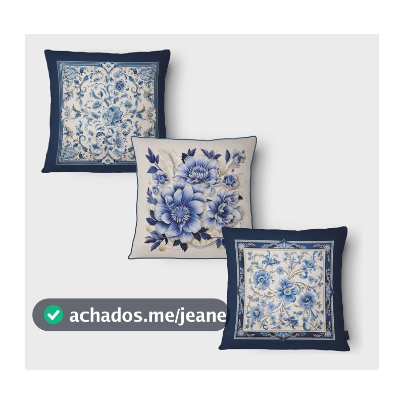 Kit 3 Capas De Almofada Microfibra 43x43 Azulejo Floral Azul