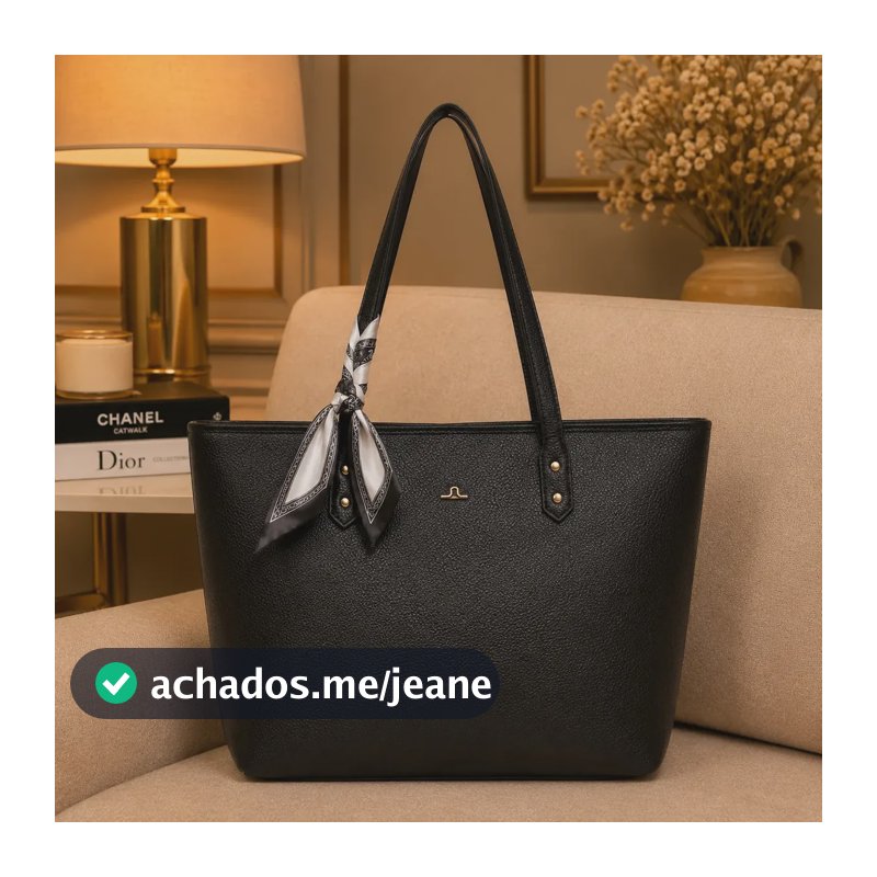 Bolsa Feminina de Ombro Tote Preta Couro Pu com Alça e Lenço