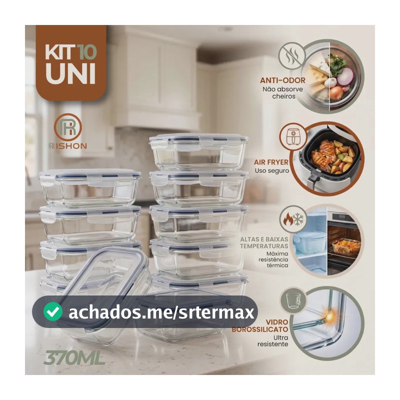 Kit 10 Pote De Vidro Marmita Hermético 370ml Freezer Fitness Rishon