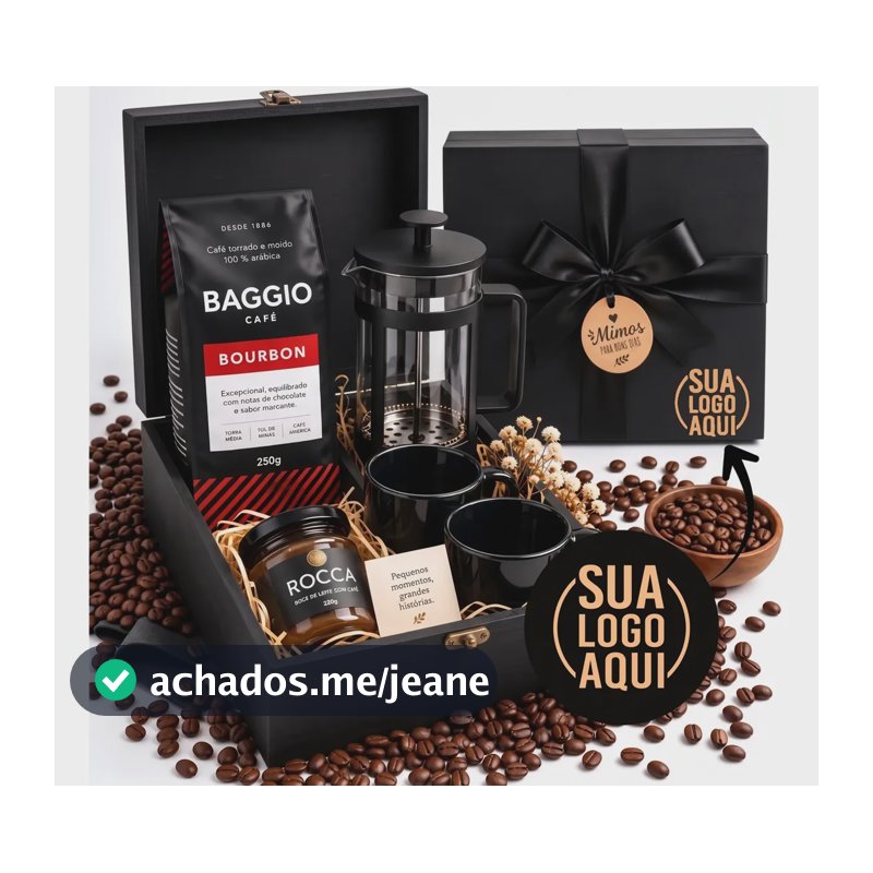 Kit Cesta Presente Café Gourmet - Personalize Com Sua Logo! Café Moído Com Cafeteira 2 Xícaras (personalize Com Nome Ou Logo)