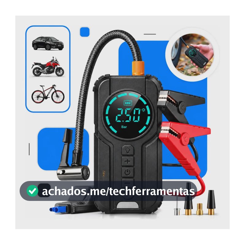 Auxiliar de Partida Carregador Bateria Com Compressor De Ar Portátil Veicular Emergência 6 em 1 Inteligente Digital 12V Calibrador Pneu Automotivo Lanterna LED Moto SUV Bike Caminhonete Marca Nixzen