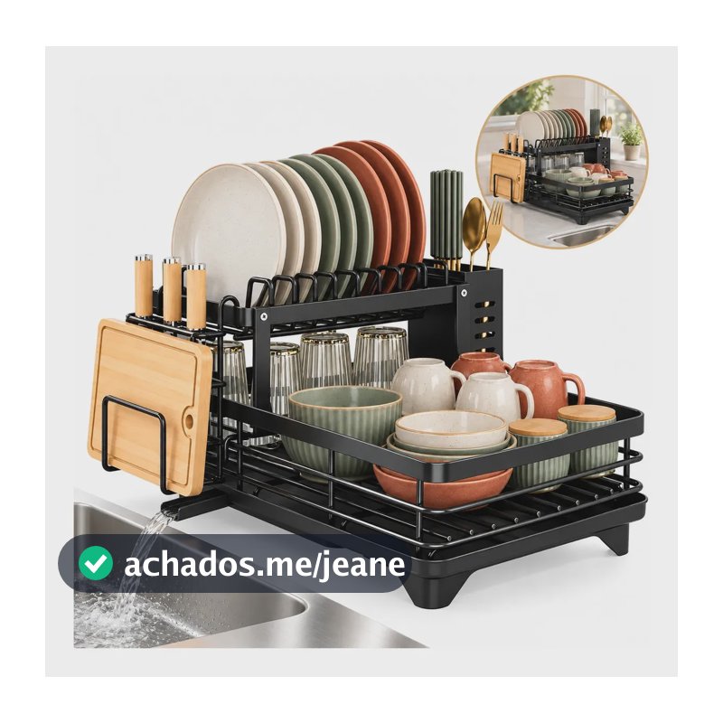 Escorredor de pratos 2 Andares Inox com Bandeja Drenagem 360 e Suporte para Copos e Talheres - Organizador de Bancada para Cozinha, Secador de Pratos e Utensílios