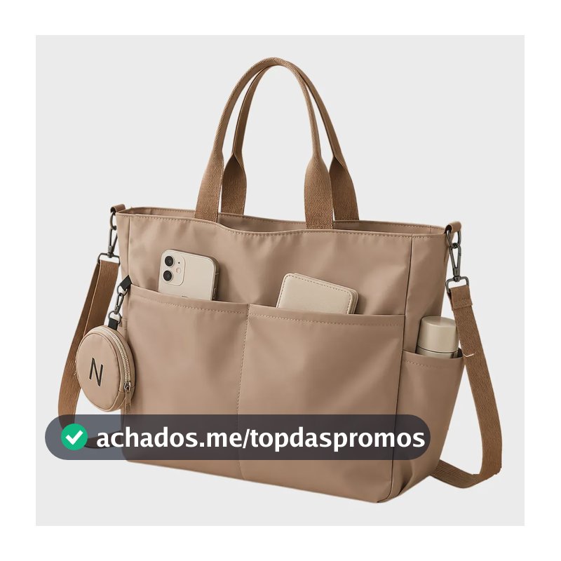 Bolsa Feminina Grande Alça Ombro E Transversal Impermeável Cáqui Tecido Oxford