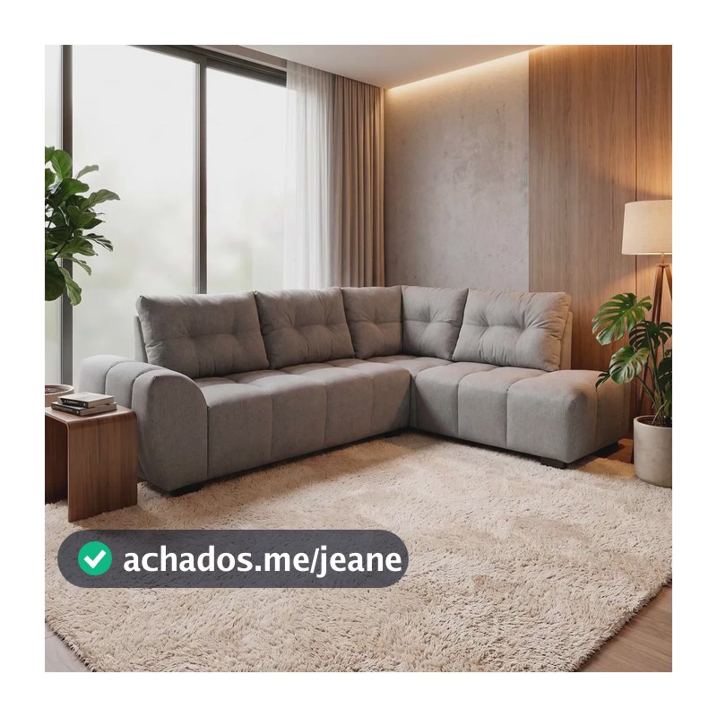 Sofá de Canto 6 Lugares Hellen Lugano com Revestimento em Tecido Velut Cinza e 205/190 cm