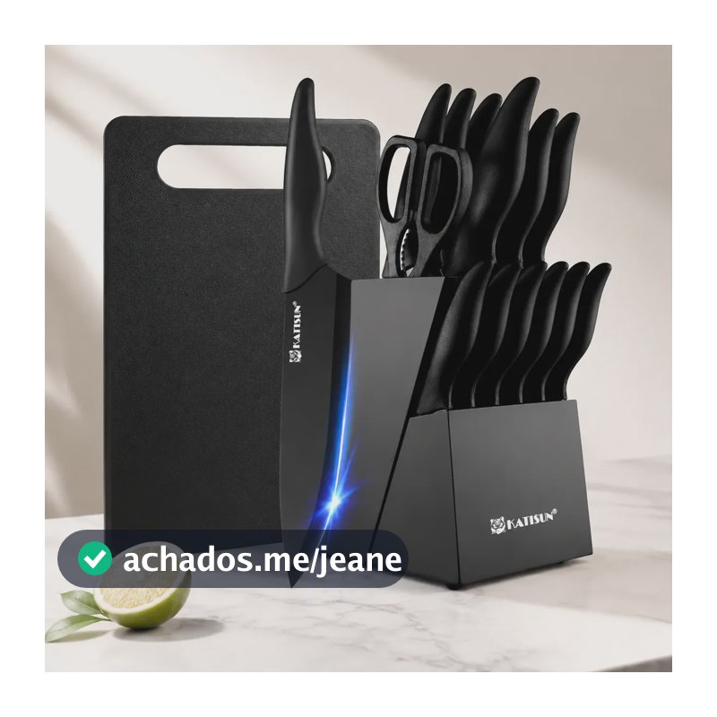 Conjunto De Facas 16 Pçs Com Bloco E Tábua De Cortar Afiador Preto