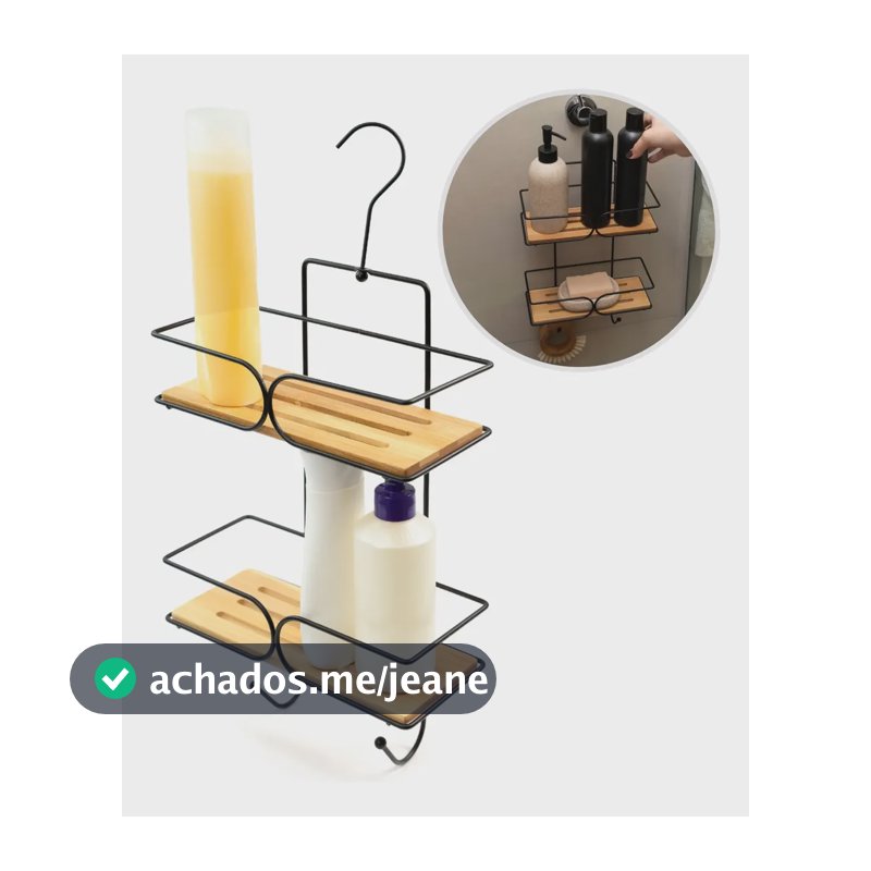 Porta Shampoo Organizador Banheiro Com Ganchos Ferro E Bambu