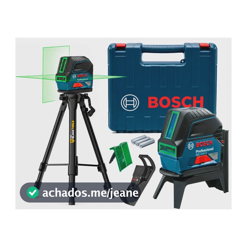 Kit Nível A Laser Verde (linhas) e vermelho (pontos de prumo) Cruzado 2 Linhas GCL 2-15 G Bosch + Tripé Suporte 1,20m Profissional Rosca 5/8 The Black Tools