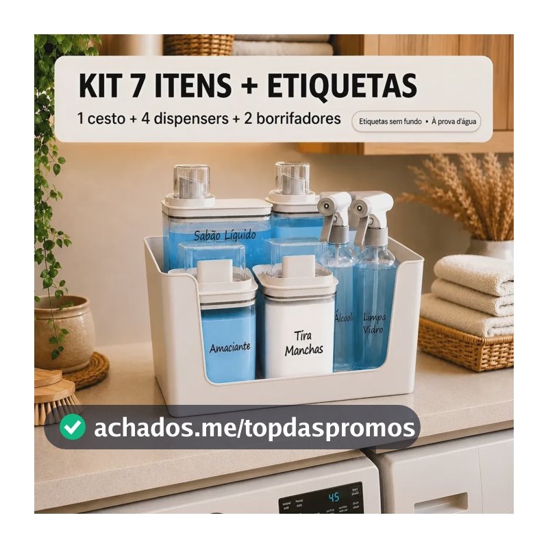 Kit Organizador Lavanderia Dispenser Sabão Cesto Borrifador Bege