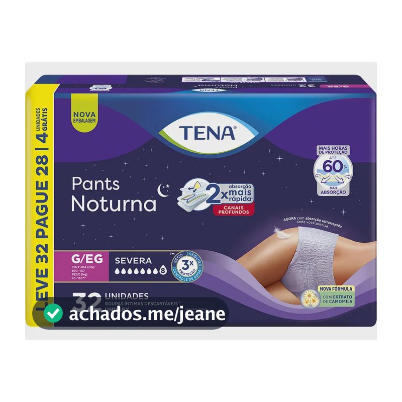 Roupa Íntima Descartável Tena Pants Noturna G/EG Leve 32 Pague 28 Unidades