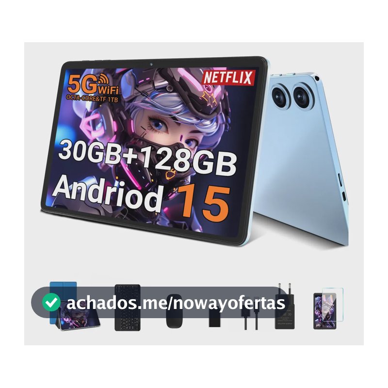 Tablet UJJ U3 Android 15 de 10.1" com 30 GB RAM, 128 GB ROM, Teclado e Mouse com Gemini Ai Tab/ (2TB TF max) 5G/2.4G Wi-Fi,Octa-Core 8000 mAh BT5.0 IPS