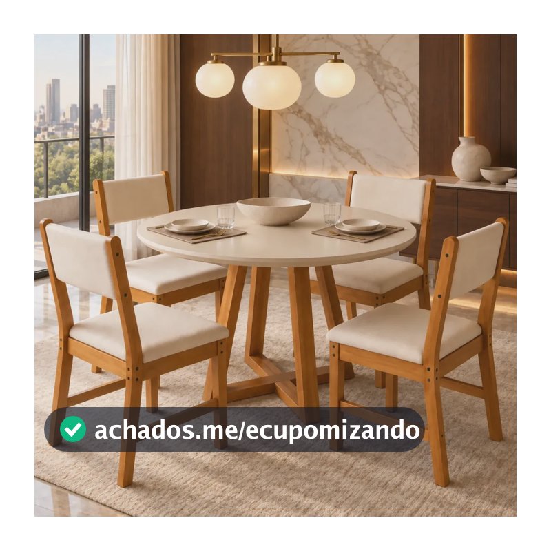 Sala de Jantar Mesa Redonda Valentina Off White Nature com 4 Cadeiras Lugano Freijó Marfim Estofadas Suede Sala Cozinha Moderna