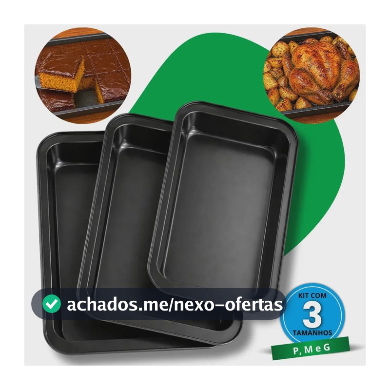 Kit Com 3 Formas Assadeiras Antiaderente Teflon 3 Tamanhos Pmg 42cm37cm32cm Retangular Carnes Frangos Tortas Bolos Green Clean