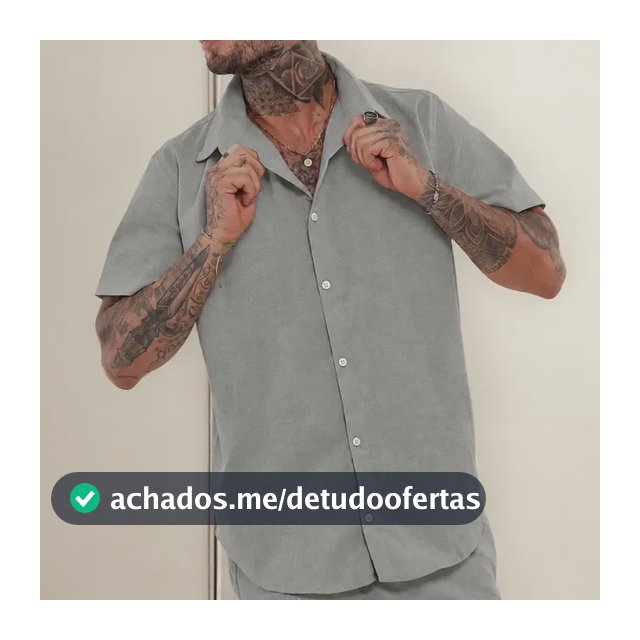 Camisa Linho Masculino Social Slim Manga Curta Lisa Botões