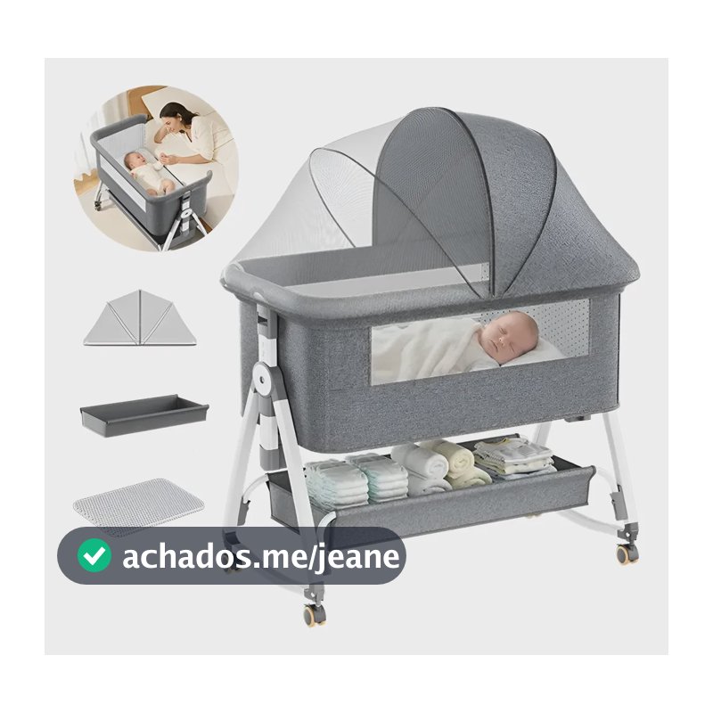 Berço Moisés Acoplável Co-sleeper Com Mosquiteiro E Cesto Liso Cinza