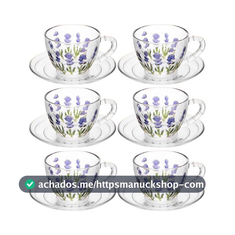 Kit 6 Xícaras 80ml Lavanda Cristal Hand Painting Mesa Posta Transparente Lavanda