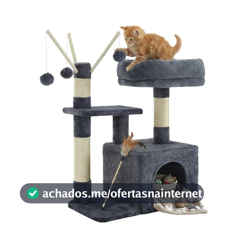 Arranhador Para Gatos Com 3 Pompoms, Casa Para Gatos Pequena Cor Cinza