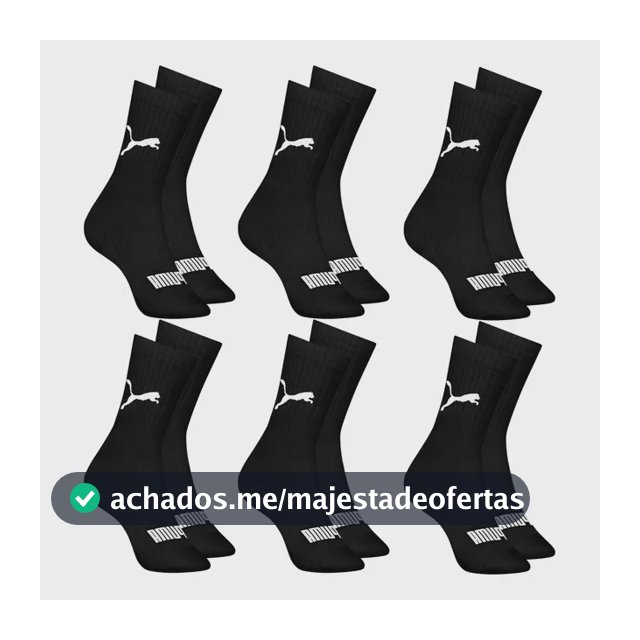 6 Pares Meias Puma Cano Médio Alto Atoalhada Academia Sport