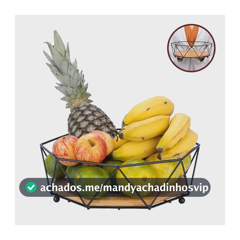 Fruteira De Mesa Metal e Bambu Biscuitt Geo Artesan 30cm Cesto Aramado