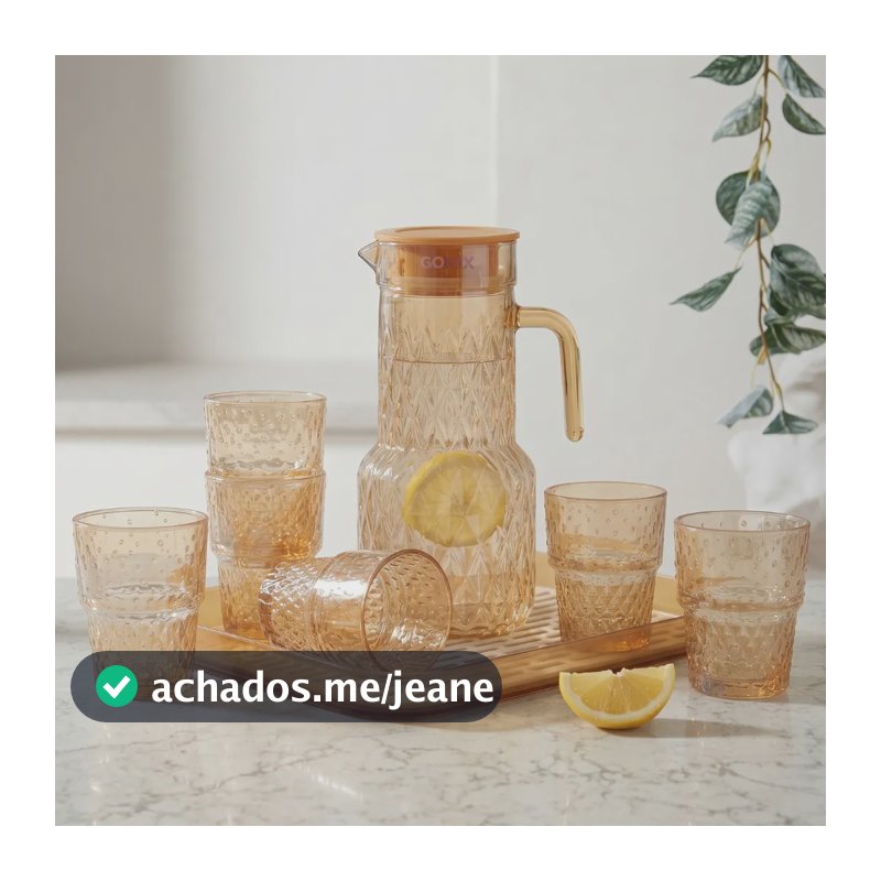 Conjunto Jarra Copos E Bandeja Vidro Diamonds 8 Peças Âmbar